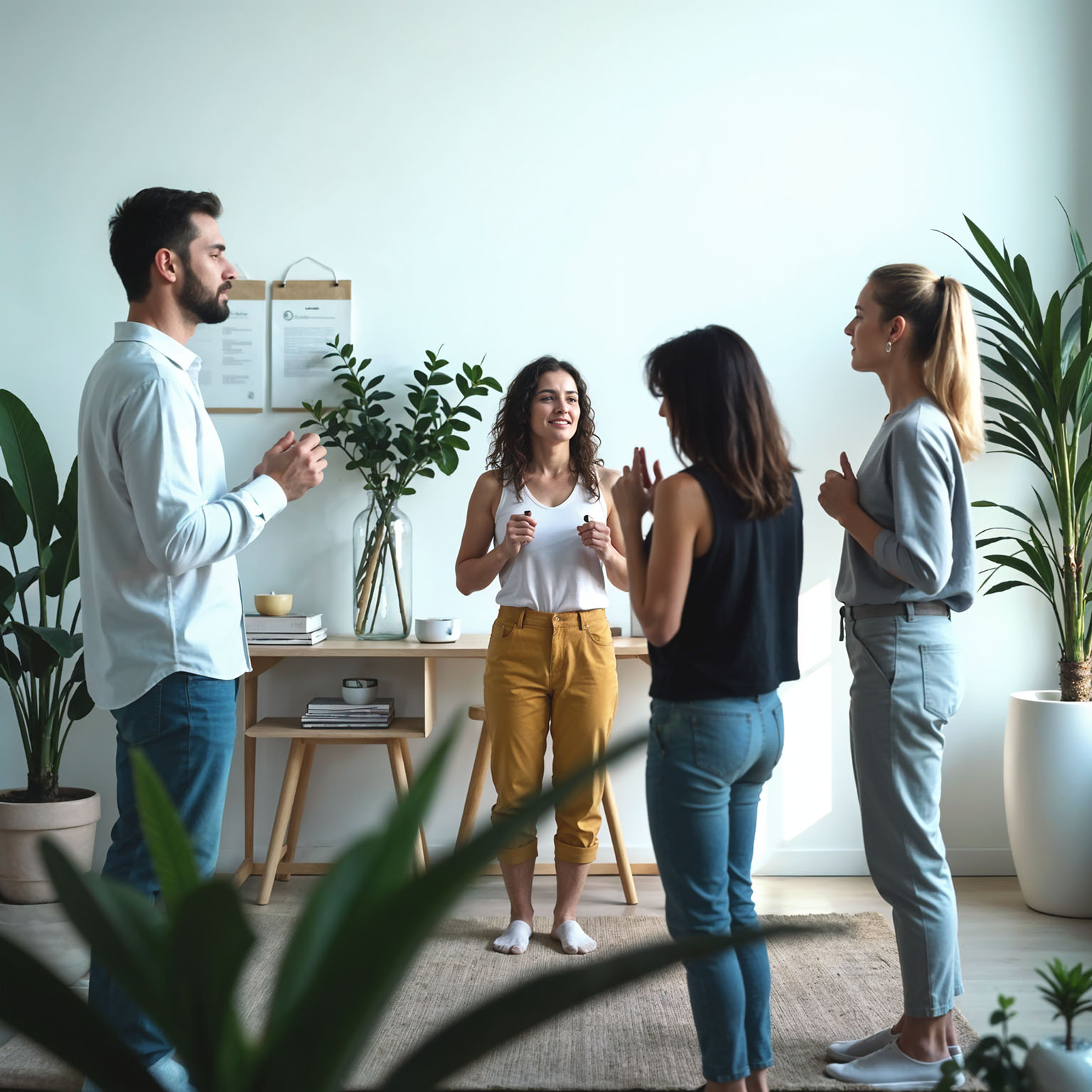 Team von Mitarbeitern führt gemeinsam Life Kinetik®-Übungen durch.